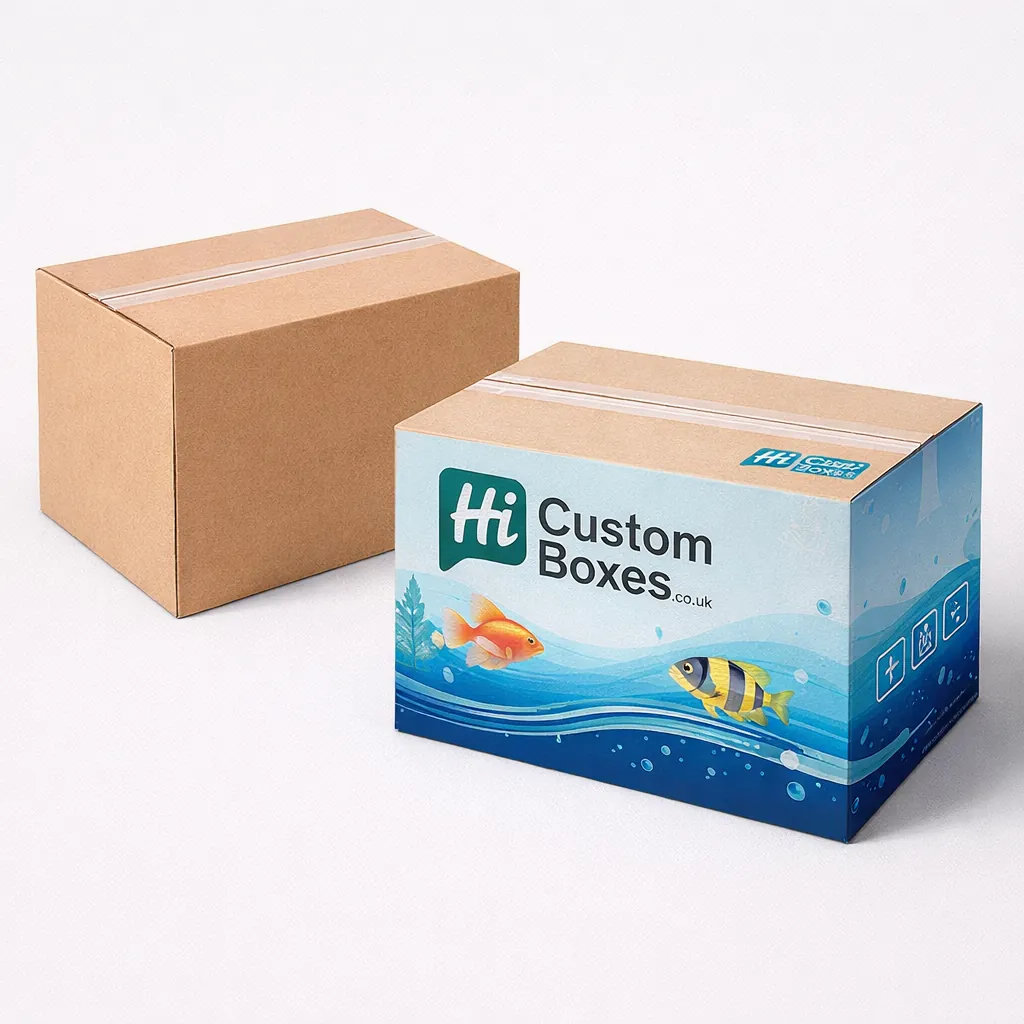 Two brown corrugated shipping cartons, with one displaying industrial symbols and custom brand printing. class=